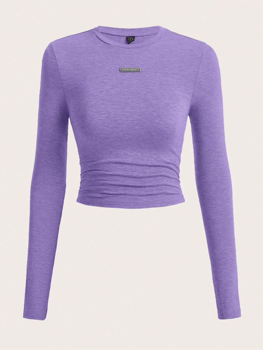 SHEIN EZwear 標語貼布細節短款T恤 - 紫色 - 查看 1