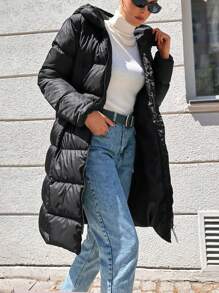 EURMUSE Solid Zip Up Hooded Puffer Coat - Black - View 3