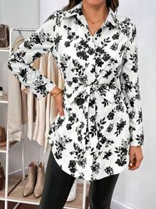 SHEIN Clasi Floral Print Belted Shirt - Black and White - View 4