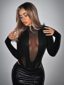 SHEIN ICON Bikercore Contrast Mesh Black Mock Neck Slim Fit Bodysuit