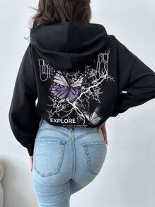 EURMUSE Butterfly & Letter Graphic Drop Shoulder Hoodie - Black - View 1