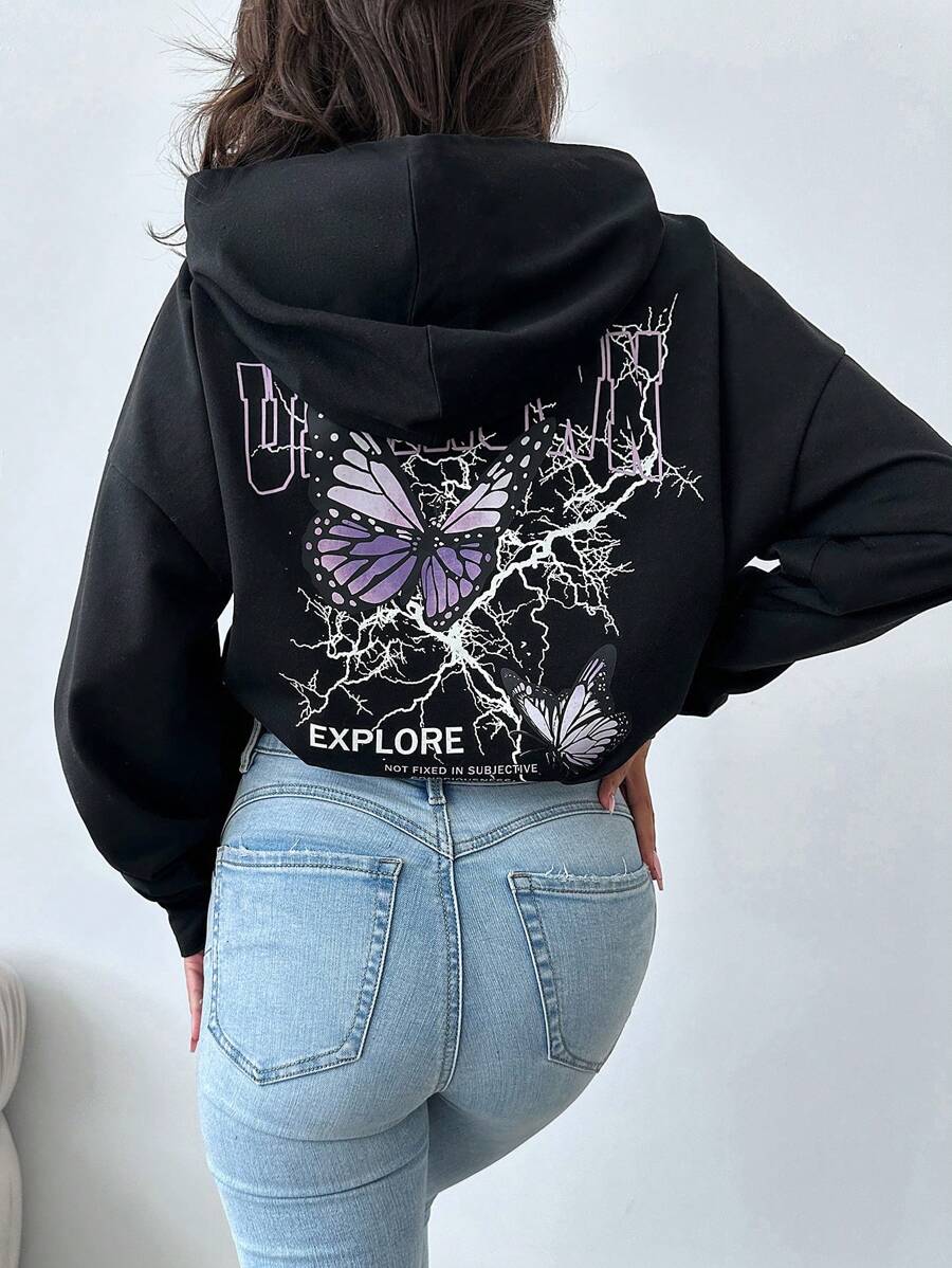 EURMUSE Butterfly & Letter Graphic Drop Shoulder Hoodie - Black - View 1