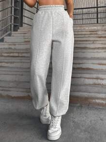 EURMUSE Solid Slant Pocket Elastic Waist Sweater Pants - Grey - View 1