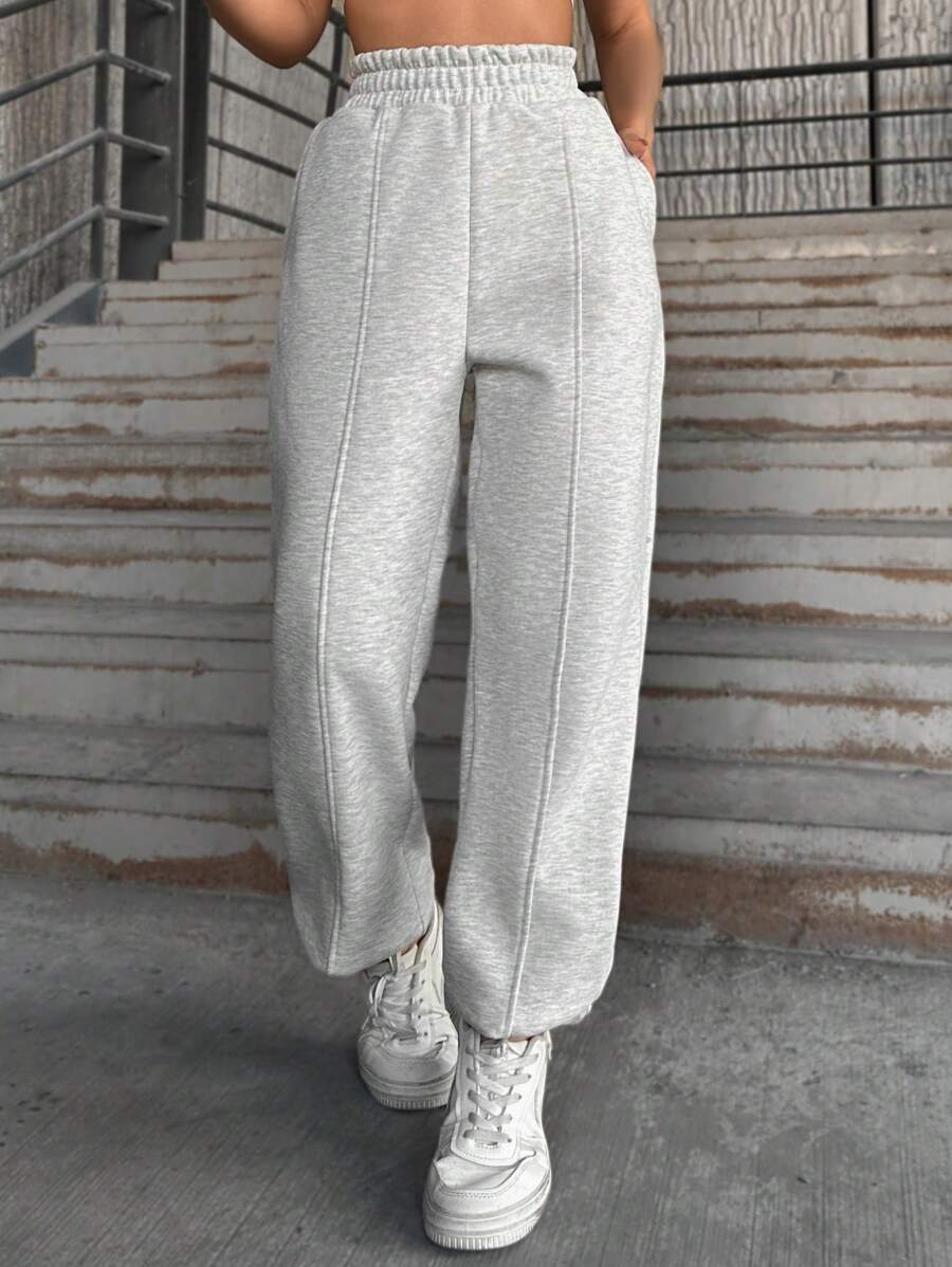 EURMUSE Solid Slant Pocket Elastic Waist Sweater Pants - Grey - View 1