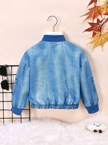 SHEIN Young Girl 1pc Ripped Flap Pocket Drop Shoulder Bomber Jacket - Blue - View 2