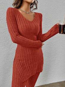 SHEIN Essnce Viền chia cắt Áo thun và Leggings - Gỗ đỏ - Xem 4