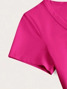 SHEIN BASICS Camiseta unicolor de cuello redondo - Rosa Fucsia - Ver 3
