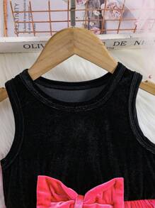 SHEIN Young Girl Two Tone Bow Front Pleated Hem Dress With Arm Sleeves - Black - View 6