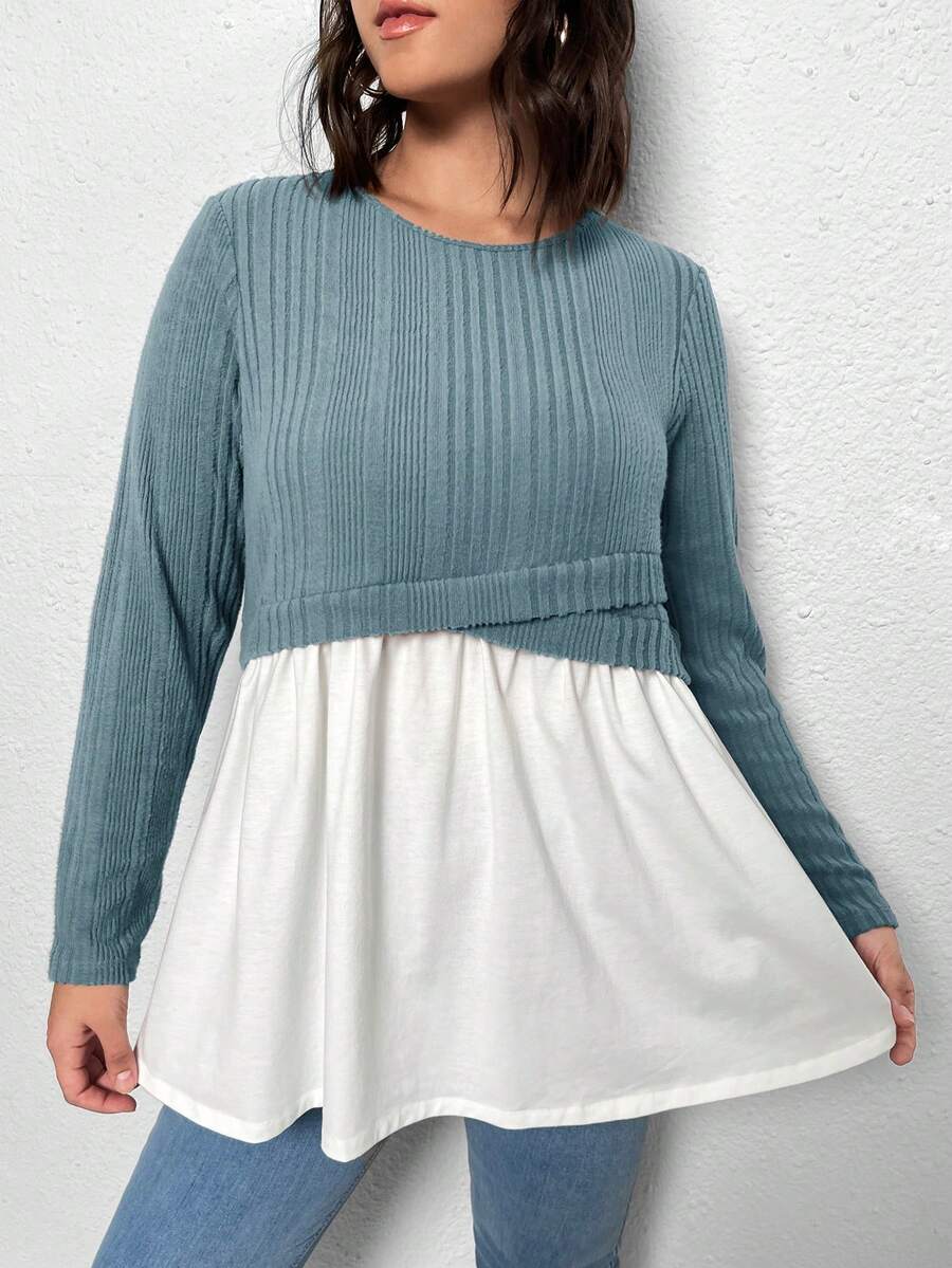 SHEIN Clasi Plus Two Tone Peplum Tee - Dusty Blue - View 1