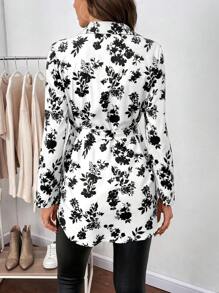 SHEIN Clasi Floral Print Belted Shirt - Black and White - View 2