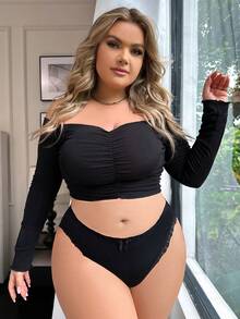 SHEIN Plus Lace Trim Bow Front Panty - Black - View 5