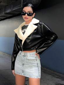 RueChic Teddy Lined Zip Up Crop PU Leather Moto Jacket - Black - View 3