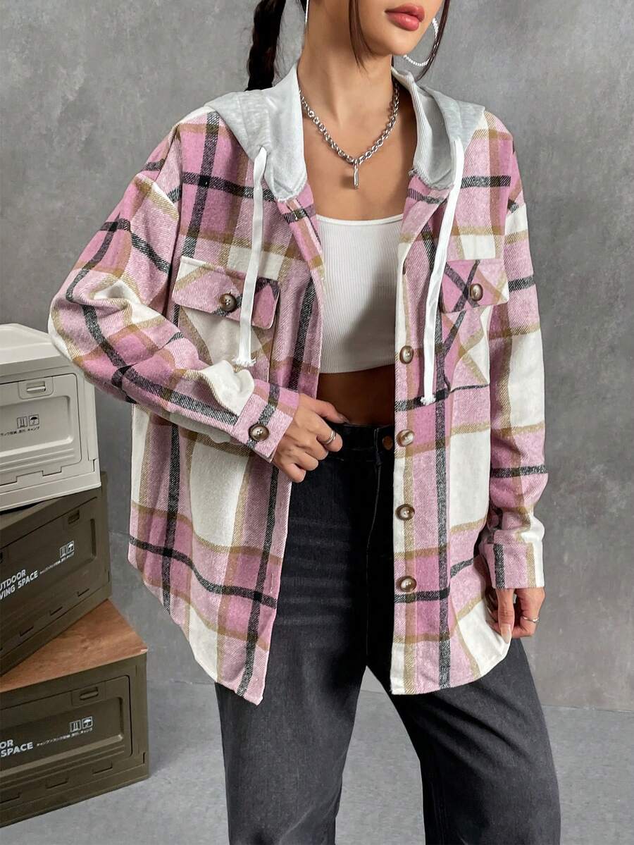 SHEIN LUNE 格紋印花落肩袖抽繩連帽襯衫 - 粉色 - 查看 1