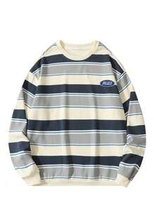 Men Striped Print Letter Patched Drop Shoulder Sweatshirt - Multicolor - View 1