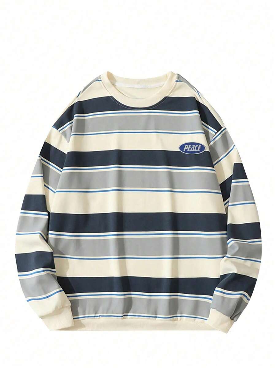 Men Striped Print Letter Patched Drop Shoulder Sweatshirt - Multicolor - View 1