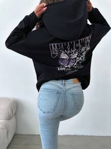 EURMUSE Butterfly & Letter Graphic Drop Shoulder Hoodie - Black - View 6