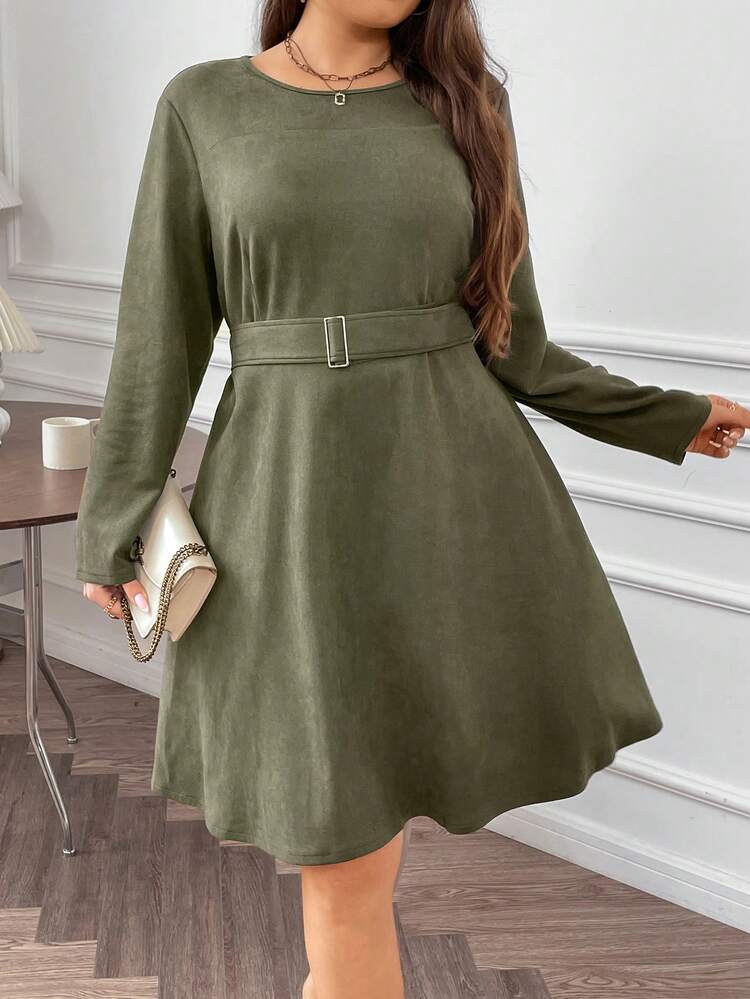 Plus Solid Buckle Belted Dress Fall Cloth For Women