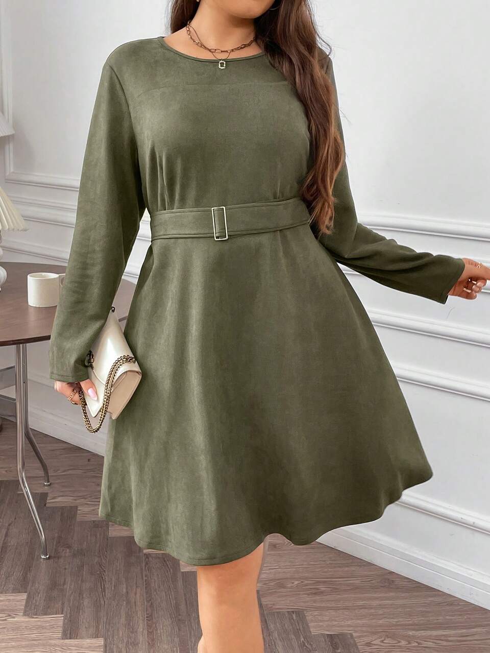 Plus Solid Buckle Belted Dress Fall Cloth For Women
