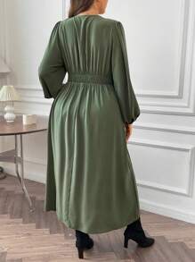 Flirla Plus V Neck Lantern Sleeve Fold Pleated Detail Dress - Army Green - View 2