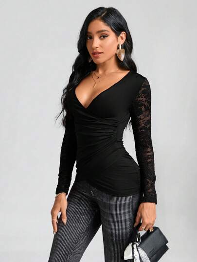 SHEIN Clasi Contrast Lace Ruched Side Wrap Cross Tee