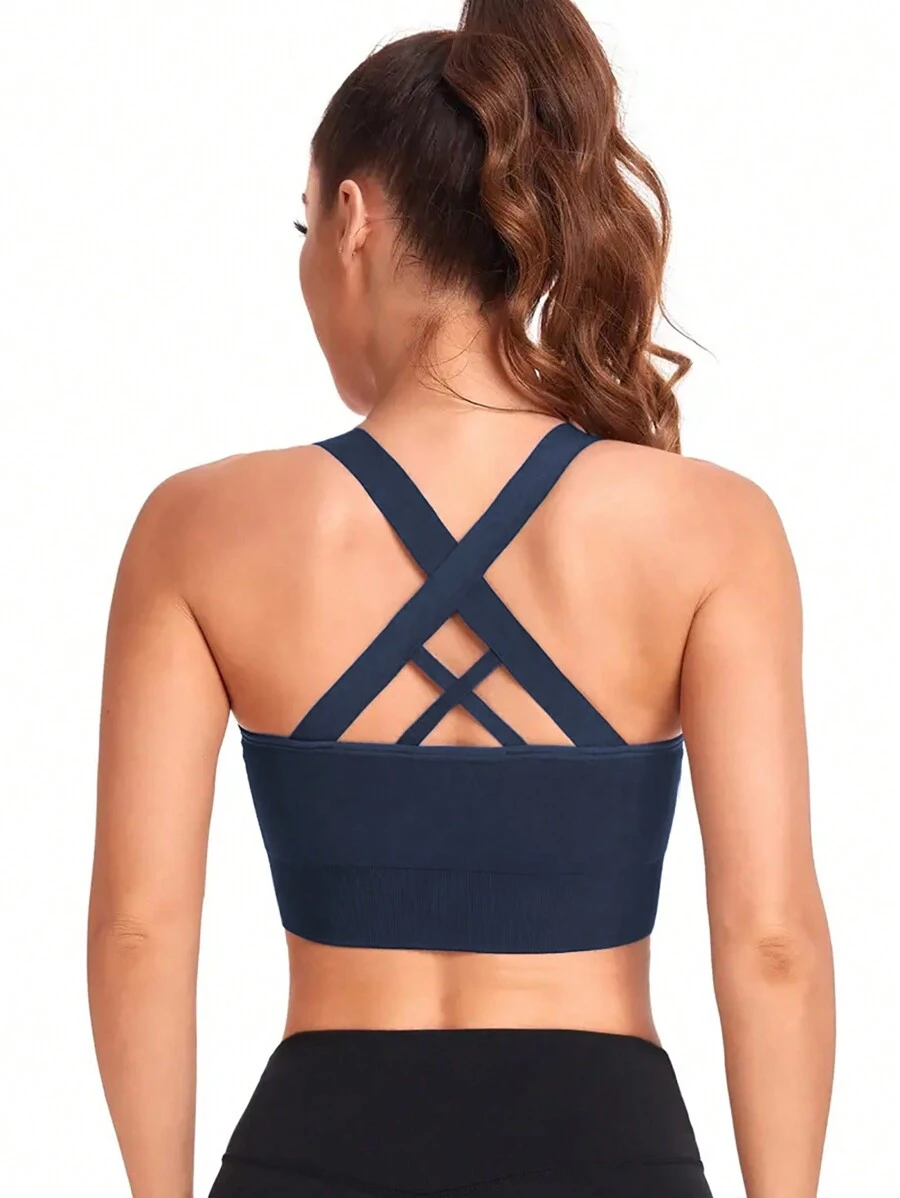 Crisscross Back Sports Bra - Navy Blue - View 1
