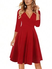 Chất rắn Surplice cổ Đầm - Đỏ - Xem 1