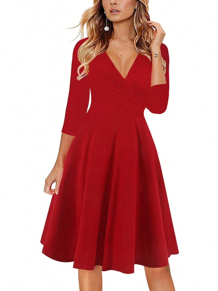 Chất rắn Surplice cổ Đầm - Đỏ - Xem 1