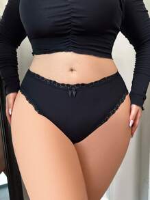 SHEIN Plus Lace Trim Bow Front Panty - Black - View 1