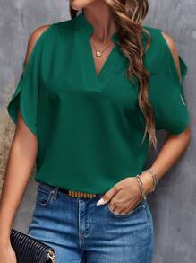 Clasi Blusa de camisa blanca con hombros descubiertos y manga dividida - Verde Oscuro - Ver 4