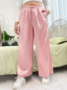 SHEIN EZwear 大碼腰部抽繩闊腿緞面長褲 - 淺粉色 - 查看 5