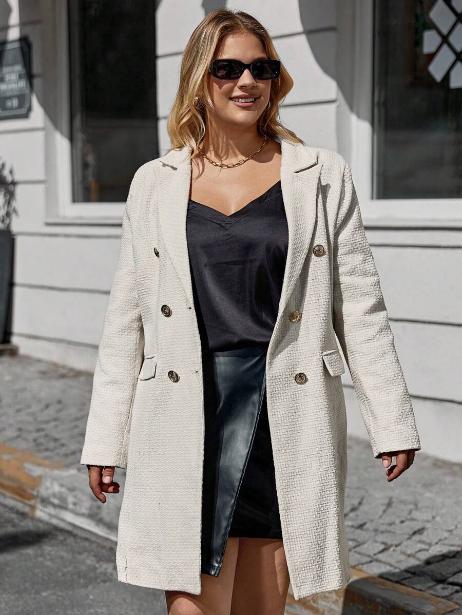 RueChic Plus Lapel Neck Double Breasted Flap Detail Blazer - Apricot - View 1