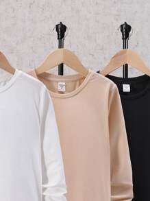 SHEIN Tween Boy Loose Fit Casual Solid Color Round Neck Long Sleeve Knit T-Shirt - Black - View 5