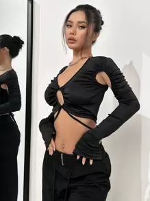 SHEIN Unity Cắt ra Mặt trước dây rút Top Cây trồng - màu đen - Xem 6