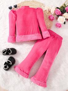 SHEIN 女孩毛茸邊小高領T恤&喇叭褲 - 玫紅色 - 查看 2