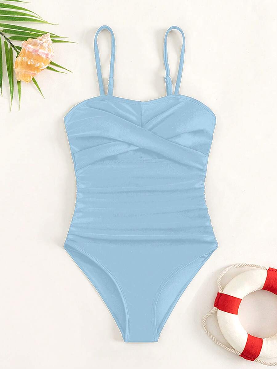 Teen Girl Twist Front Ruched One Piece Swimsuit - Baby Blue - View 1