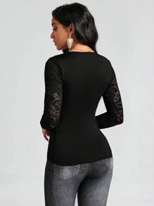 SHEIN Clasi Contrast Lace Ruched Side Wrap Cross Tee - Black - View 2