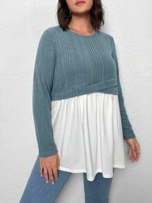 SHEIN Clasi Plus Two Tone Peplum Tee - Dusty Blue - View 5