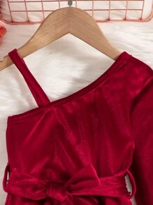 SHEIN Young Girl Asymmetrical Neck Ruched Belted Dress - Red - View 3