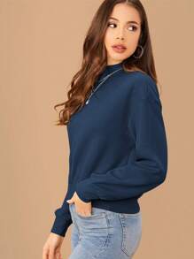 SHEIN Essnce Mock Neck Drop Shoulder Solid Sweatshirt,Long Sleeve Tops In Fall/Winter - Teal Blue - View 3