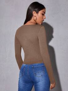 SHEIN Essnce Scoop Neck Fitted Solid Tee - Mocha Brown - View 2