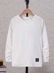 SHEIN Tween Boy Loose Fit Casual Solid Color Round Neck Long Sleeve Knit T-Shirt - Black - View 4