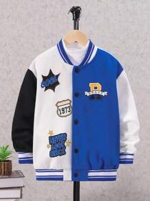 SHEIN 男大童字母圖案條紋飾邊撞色落肩袖學院風夾克不帶T恤 - 白色 - 查看 1