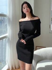 Dazy Star Vestido de punto ajustado doblado de hombros descubiertos - Negro - Ver 5