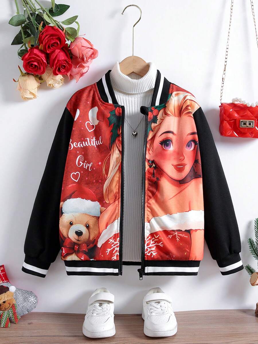 SHEIN Tween dziewczynka Grafika rysunkowa Pasiaste wykończenie Kurtka bomberka Bez swetra Dla Boże Narodzenie