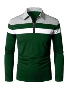 Men Colour Block Quarter Zip Polo Shirt - Dark Green - View 3