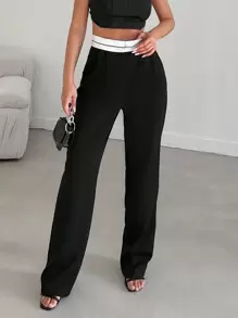 EURMUSE Contrast Waistband Waist Straight Leg Suit Pants - Black - View 1