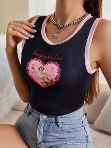 SHEIN Đồ họa Hình & Khẩu hiệu Tương phản ràng buộc Crop Tank Top - màu đen - Xem 5