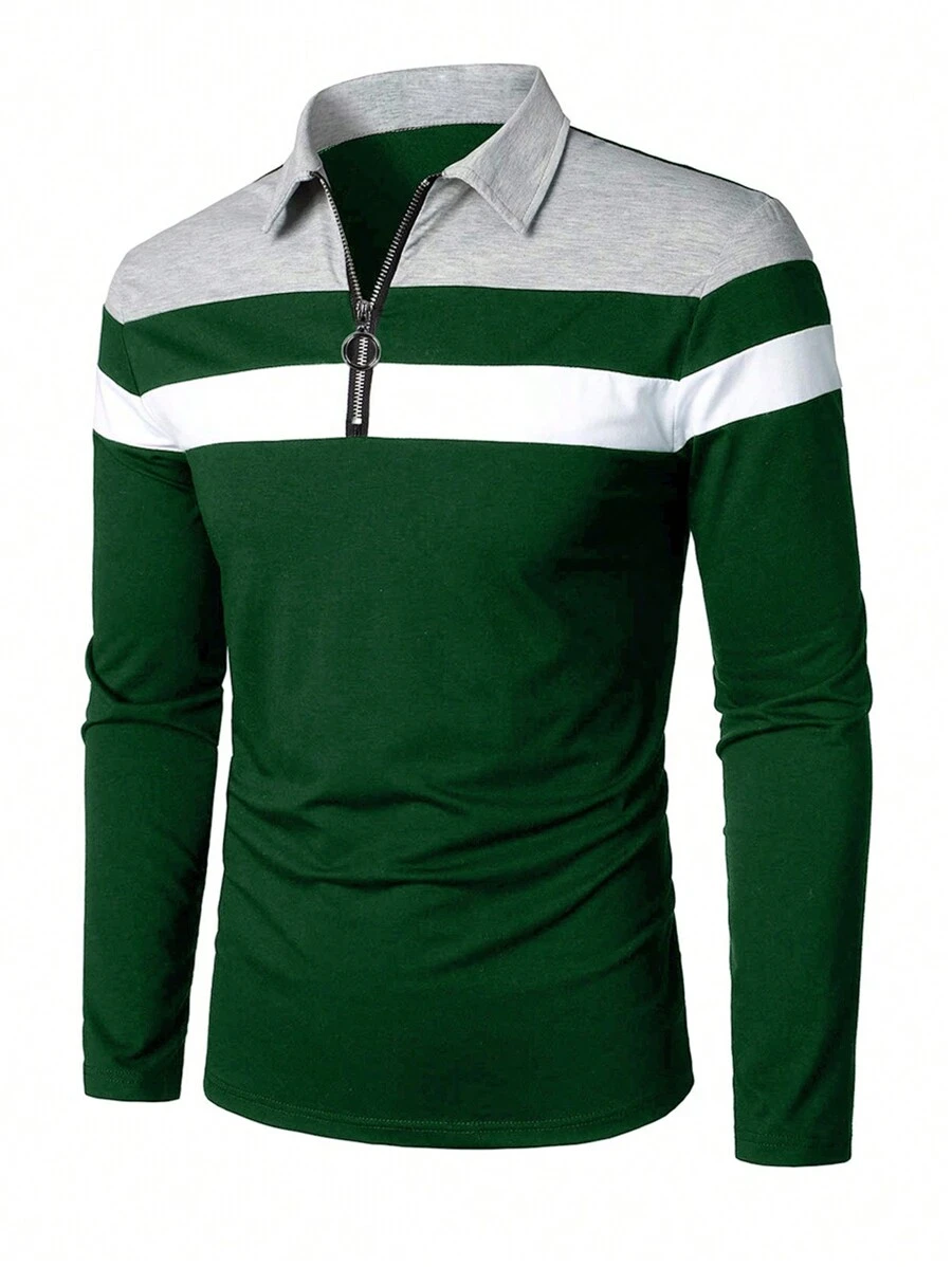 Men Colour Block Quarter Zip Polo Shirt - Dark Green - View 1