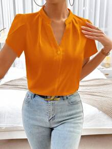 SHEIN Privé Spring Break Solid Notched Neckline Petal Sleeve Work Women White Shirt Blouse - Orange - View 6