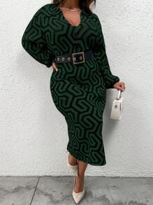 SHEIN Clasi Plus Geo Pattern Drop Shoulder Sweater Dress, For Winter - Multicolor - View 3